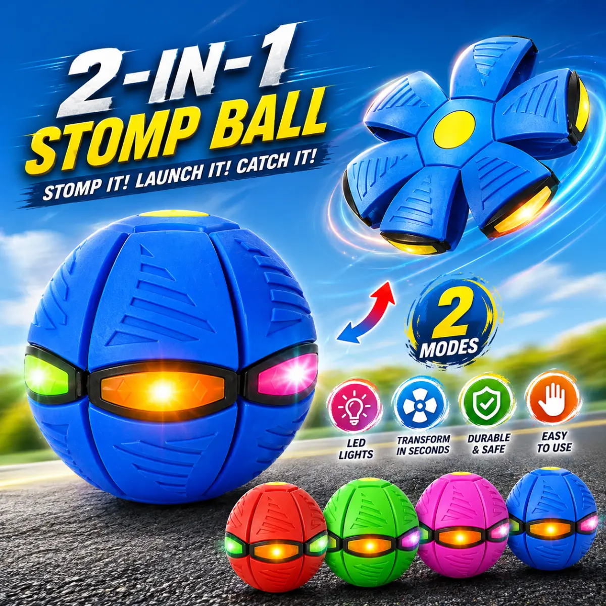 4 Pack Colorful Kids Bouncing Ball with 6 LED Light, Magic Flying Saucer Ball, Bouncy Balls, Dual Form Freely Switchable, Suitable for Indoor & Outdoor Use