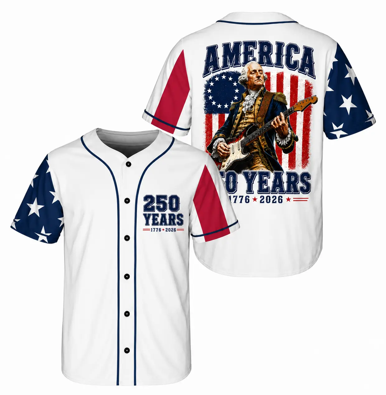USA 250th Anniversary Baseball Jersey 1776-2026, George Washington Guitar America 250 Years Shirt, Patriotic 4th of July Button Up Jersey