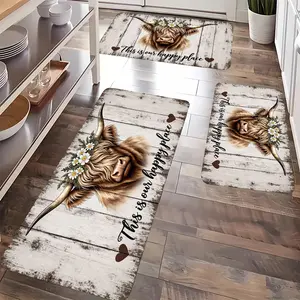 1/2/3pcs Highland Cow Pattern Kitchen Rug Set, Lightweight Soft Durable Flannel Mats for Kitchen, Entryway, Bedroom, Decorative Indoor Use in Dining Area, Bathroom, Laundry Room, Doorway - Home Decor Holiday Decoration