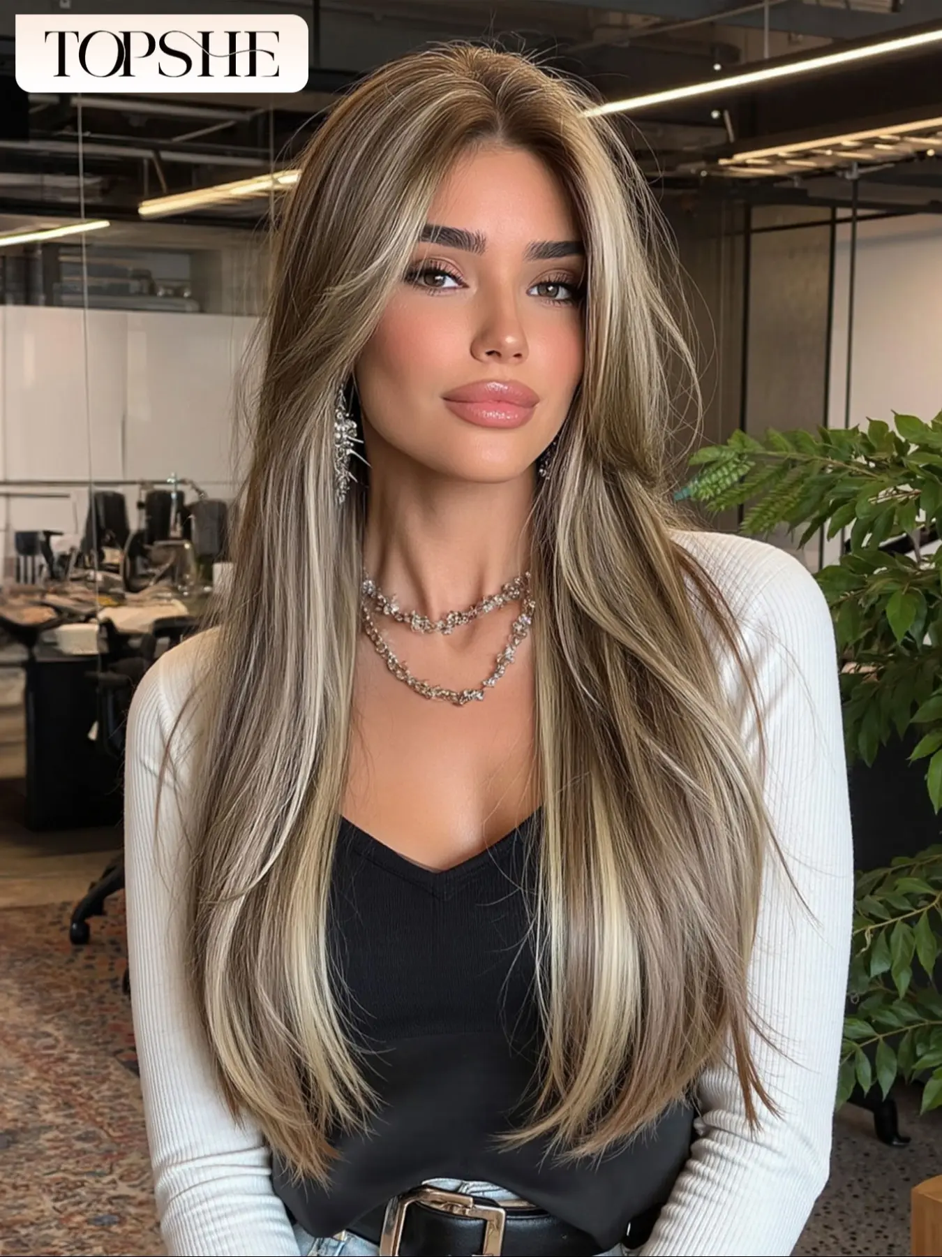 Summer Hot Sale TOPSHE 13×6 Lace Wig, Ombre Grey Highlight, Curtain Bangs, Highlight Straight Wig, 26 Inch Heat-Resistant Synthetic Hair Wig for Women, Natural Looking, Perfect for Music Festivals, Daily, Parties, Weddings, Holidays, Travel