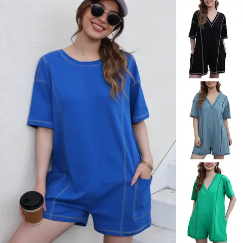 SCUSTY Women’s Oversized Short Sleeve Romper Casual Athletic T Shirt Rompers Reversible Workout Overalls with Contrast Stitching and Pockets 2026 Summer New Arrival