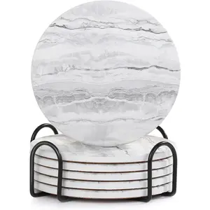 Drink Coasters with Holder for Coffee Table, Absorbent Coaster Sets of 6, Marble Style Ceramic Coaster for Wooden Table, Suitable for Kinds of Cups, Home Decor, 4 Inches