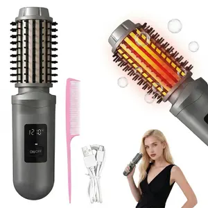 the  curl  collective Portable Wireless Hair Curler & Straightener 2-in-1, Rechargeable Hot Brush with LED Temperature Display, 3 Heat Levels & Fast Ceramic Heating | Travel-Friendly Cordless Styling Tool for Smooth, Lasting Curls