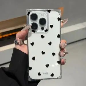 1 piece Fashionable right-angle square design cute little heart print anti-drop shockproof all-inclusive mobile phone case suitable for iPhone 16pro Max/16pro/16plus/16/15/14/13/12 Cute and fashionable Halloween Valentine's Day Christmas gift