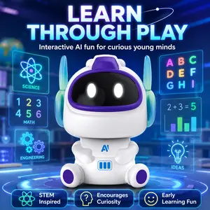 Electronic Robot Toy with LED Screen Face Display, AI Robot Toy, White and Purple Plastic Body with Voice Chat Microphone, Desktop Digital Moving Figure for Boys Girls