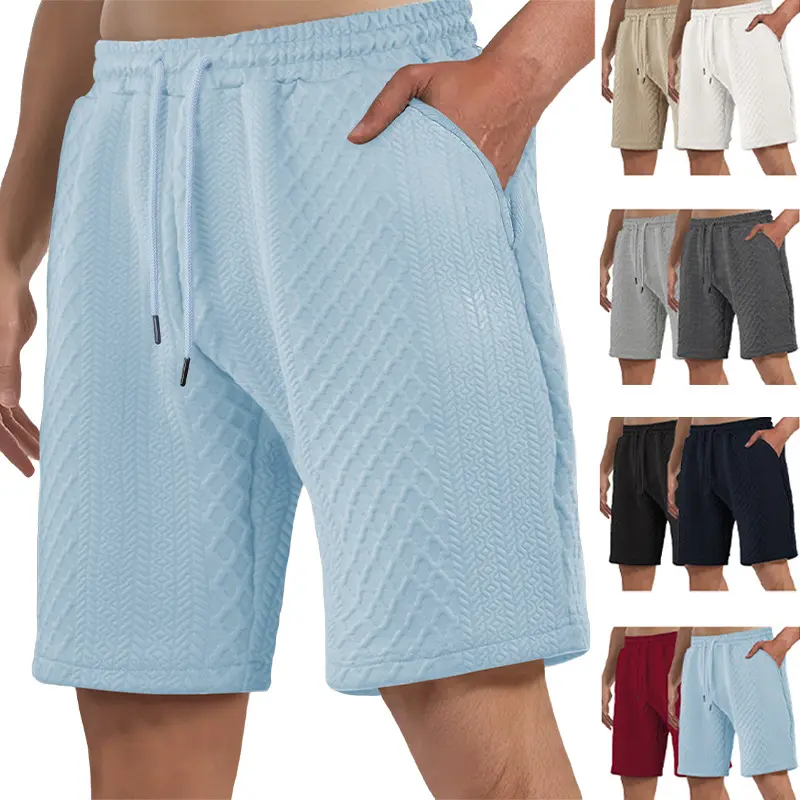 Men’s jacquard shorts with 3D herringbone texture, mid-length (knee-length), elastic drawstring waist, side pockets, loose straight fit, breathable fabric—ideal for home wear, sports, and casual wear; versatile men’s summer shorts.