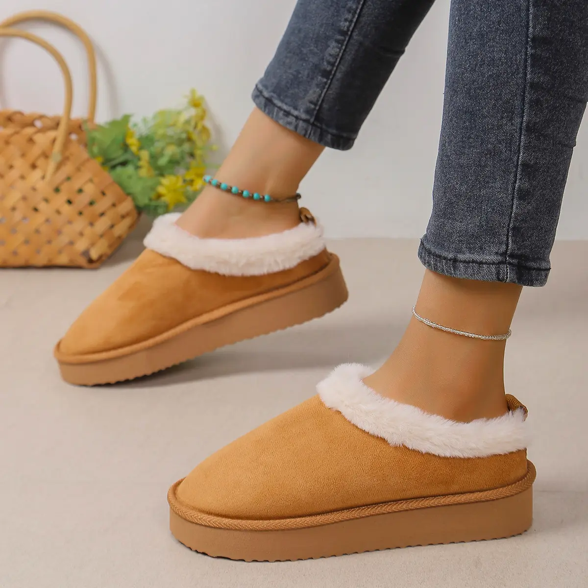 Slippers for Women, Elegant 3D Fluffy Ankle Booties with Warm Plush Lining, Cushioned Indoor House Shoes with Non-Slip Thick EVA Sole