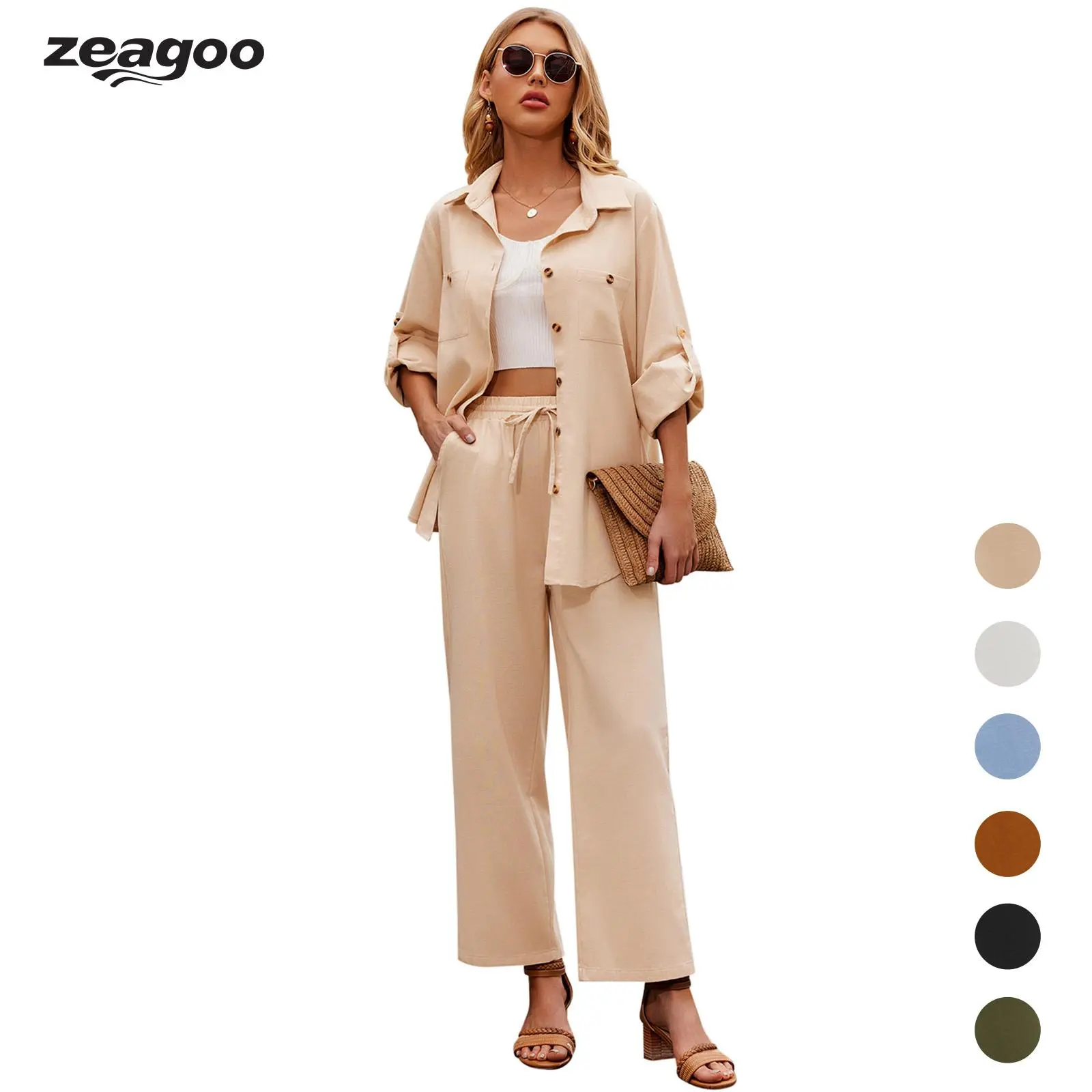 Zeagoo Women's 2-Piece Linen Set - Adjustable Button-Up Shirt, Drawstring Long Pants, Basic Solid Casual Summer Outfits, Sleeve, Lady, Long Sleeve, Style, Fabric, Women's Clothes, Clothes, Classic, Cotton Blend, Drawstring Pant, Roll-Up Sleeves