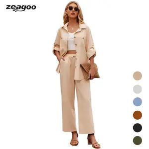 zeagoo Women 2 Piece Linen Sets Button Down Shirt and Drawstring Long Pants Set Summer Outfits Halloweez