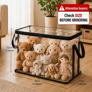 Stuffed Animal Storage PVC Organizer Bag Doll Storage Container Dustproof Box with Carrying Handle for Playroom Living Room Children's Birth, Black