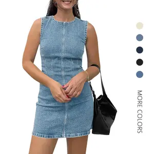 Danedvi Women's Sleeveless Crewneck Denim Mini Tank Dress, Casual Classy Blue Summer Women's Clothing, Casual Classy Dress, Denim Dresses