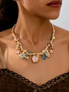 Boho Style Colorful Starfish Shell Heart Faux Pearl Dangling Charms Necklace, Dainty Boho Necklace, Women's Jewelry for Beach Vacation Party Daily Wear