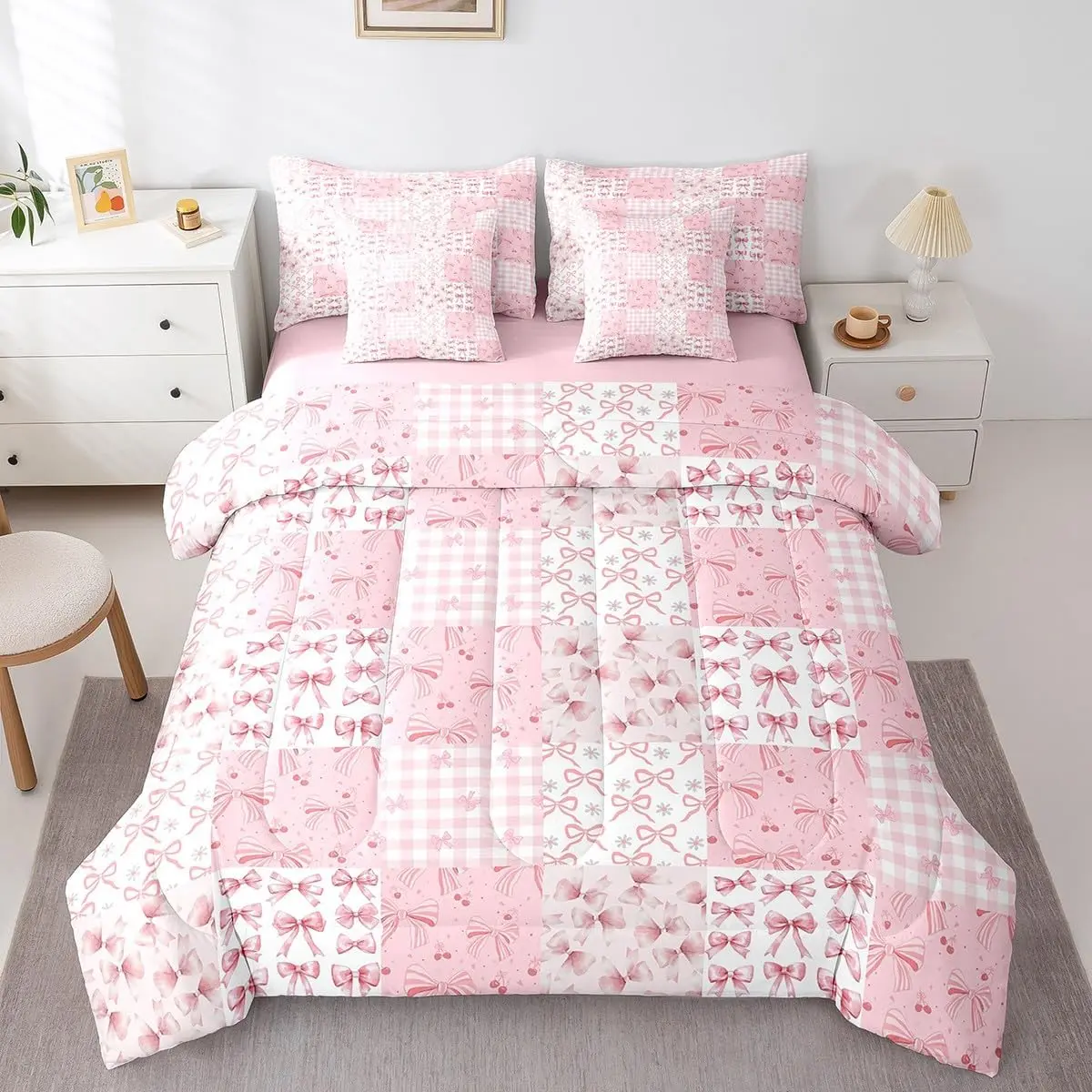 Feelyou 7-Piece Gingham Plaid Matching Bedding Set - Cozy Chic Blanket, Pink Bow Comforter, Sheets, Soft Warm Bedding for Girls’ Rooms, Machine Washable Princess Theme Bed-in-A-Bag