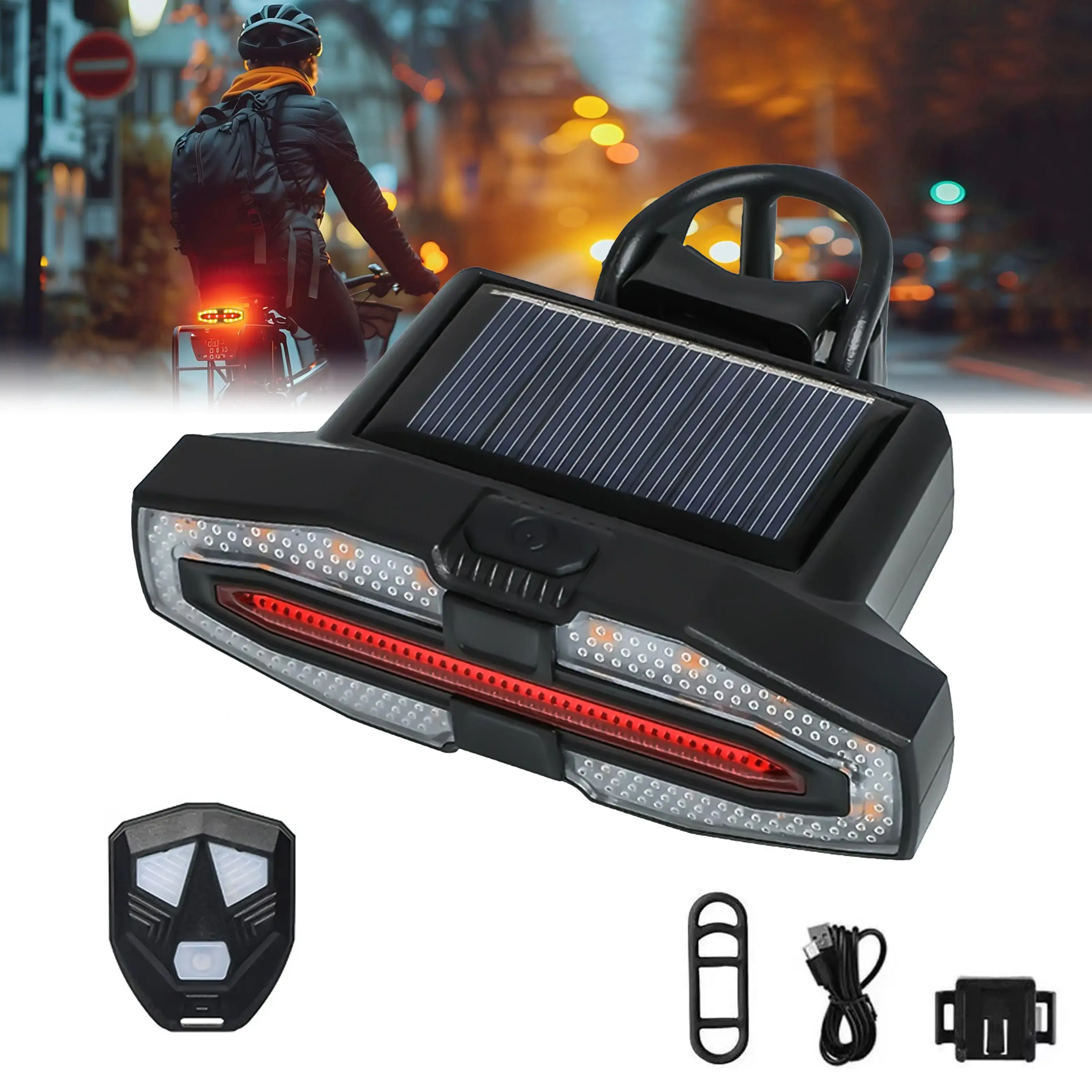 Solar-powered remote-controlled bicycle tail light—supports both Type-C and solar charging, features easy installation and multiple turn signal functions, and offers ultra-high brightness to ensure safety during night rides.