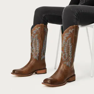 Utifu Brown Mid-calf Cowgirl Boots with Turquoise Embroidery Classic Western Design for Women Southwest Elegance Wooden Block Heel Cowboyboots Desert Vibe Comfortable Heel #TikTokShopBlackFriday #TikTokShopCyberMonday