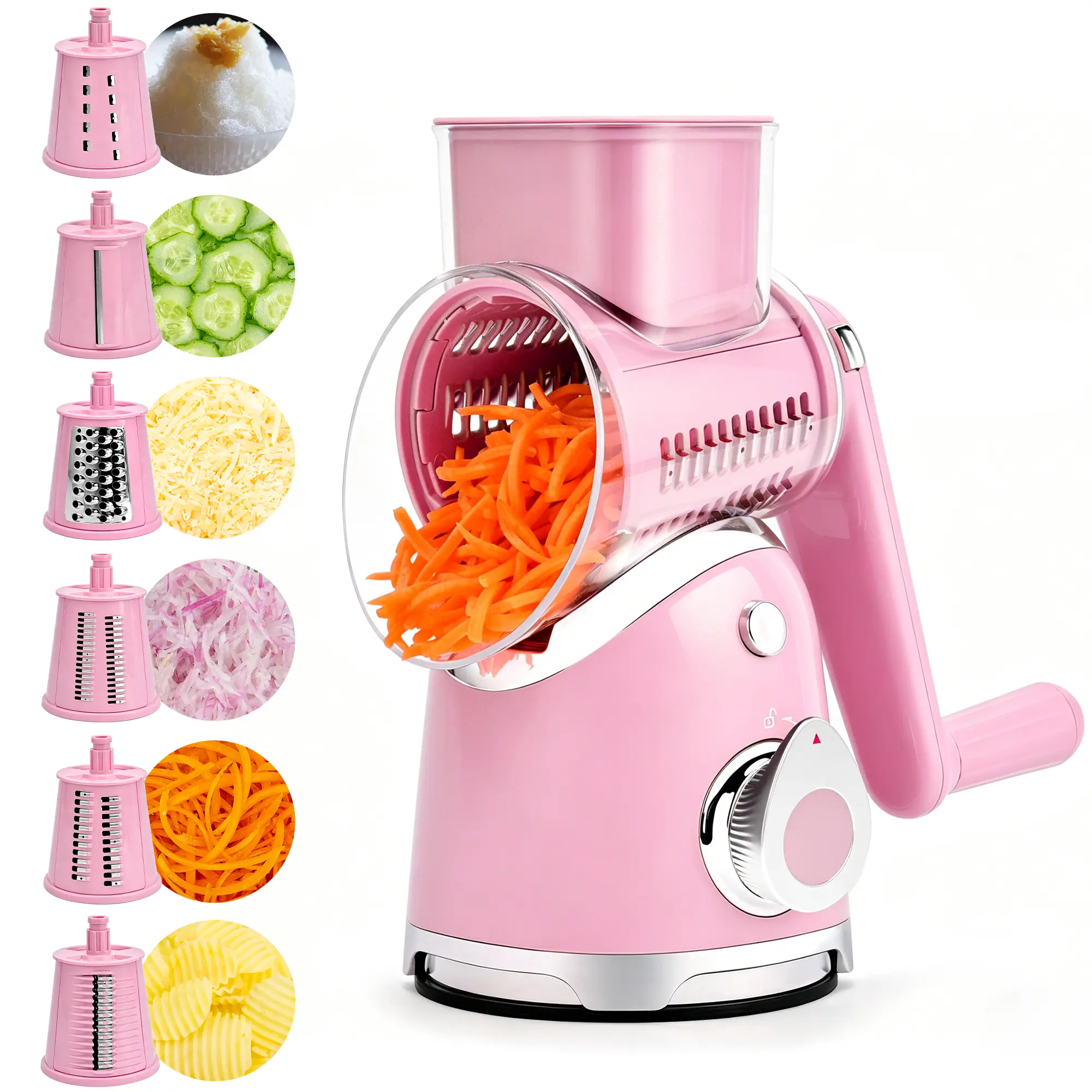 SUSTEAS Rotary Food Cheese Grater with Handle, 5 Blades, Strong Suction Cup Base, Springtok Vegetable Slicer & Vegetable Cutter - New Green Kitchen Utensil