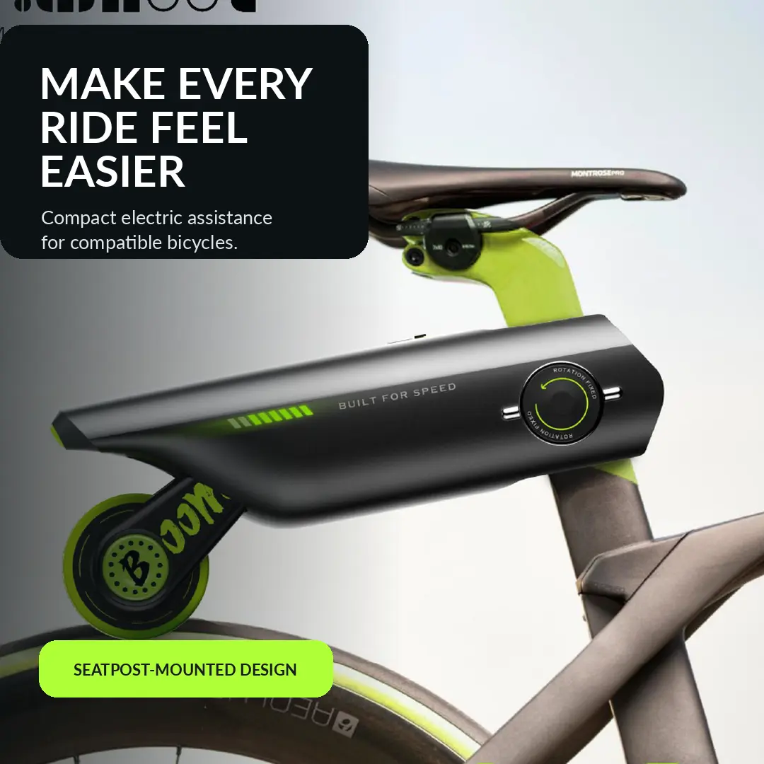 180Wh Seatpost-Mounted Friction Drive Electric Bicycle Assist Kit for Adults & Cyclists - App Control, 4 Assist Levels, Dynamic Safety Light, 6 Seatpost Adapters (25.4 mm, 30.8 mm), Battery Charger, Commuting, Compact And Removable, Unisex, Modern, Multi-