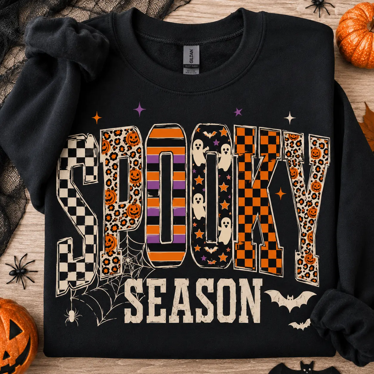 Halloween Spooky Season Sweatshirt, Leopard Print Checkered Ghost Pumpkin Crewneck, Retro Fall Pullover, Cute Halloween Shirt - HUNTWEAR SHOP