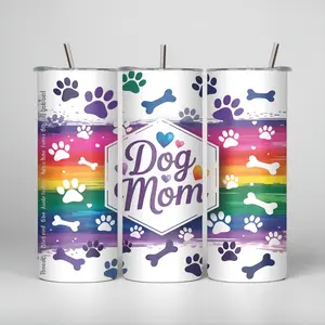 20oz Portable Stainless Steel Insulated Skinny Tumbler - Reusable Dog Mom Coffee Vacuum Flask with Lid, Colorful Printed Rainbow Paw Print Design, Includes Straw
