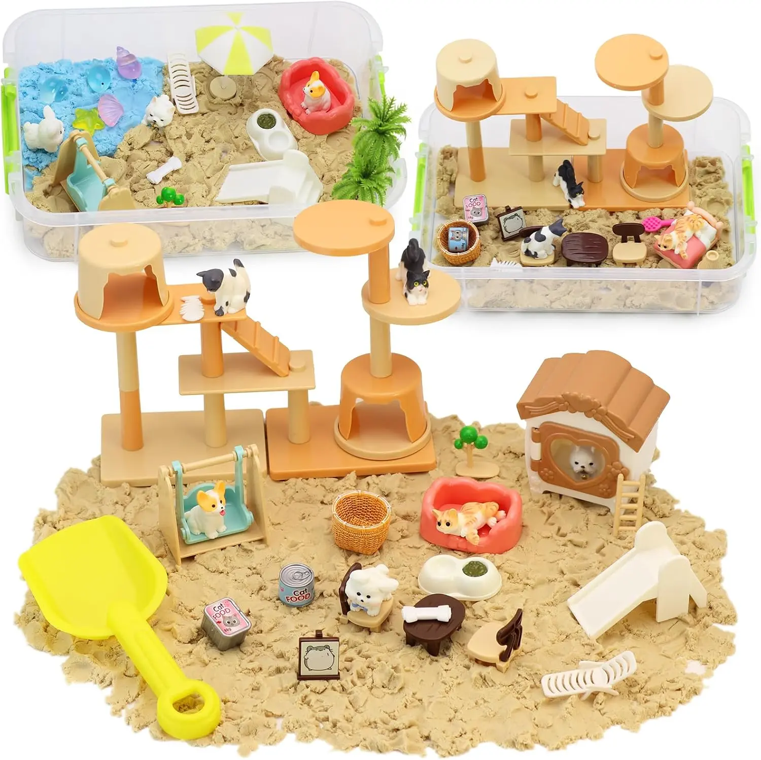Magic Sand Playset, 2-Color Sensory Sand Kit with Cat & Dog Figures, Mess-Free Sand Toy for Kids, Creative Sensory Bin, Moldable Play Sand, Indoor Sensory Toy, Birthday Gift