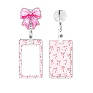 Bow Pattern ID Badge Holder Set, Premium Decorative Badge, 1 Count Retractable Badge Reel with Card Protector, Identification Badges & Supplies for Office Worker