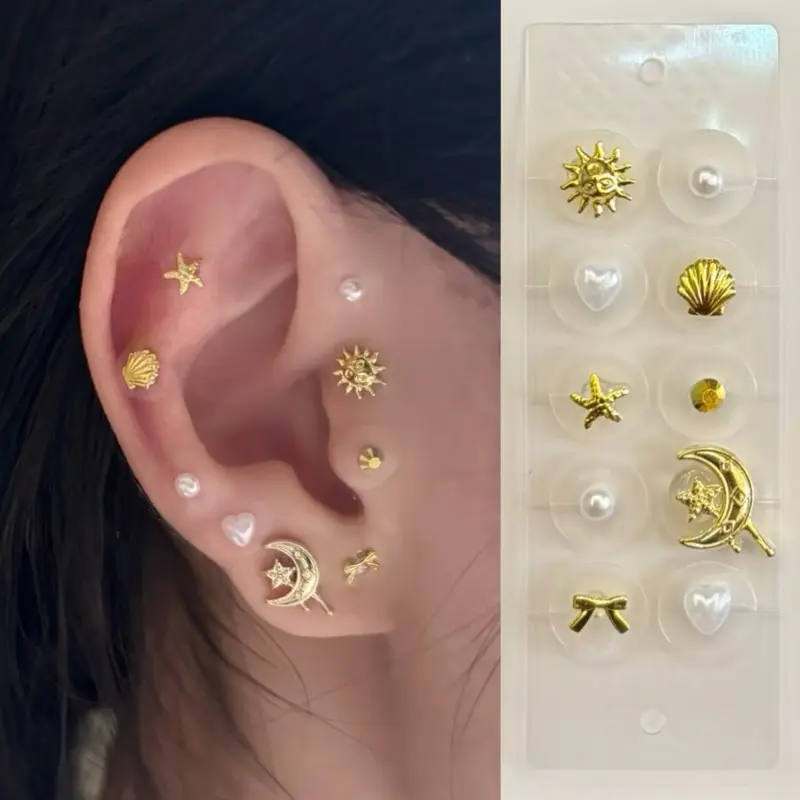 LuluPop Ocean Style Ear Seeds Jewelry Sticker | Acupressure Non-Pierced Earring Studs | Gold Shell Star Moon Pearl Designs clip-on earring, ear seed patches, ear Seeds patches