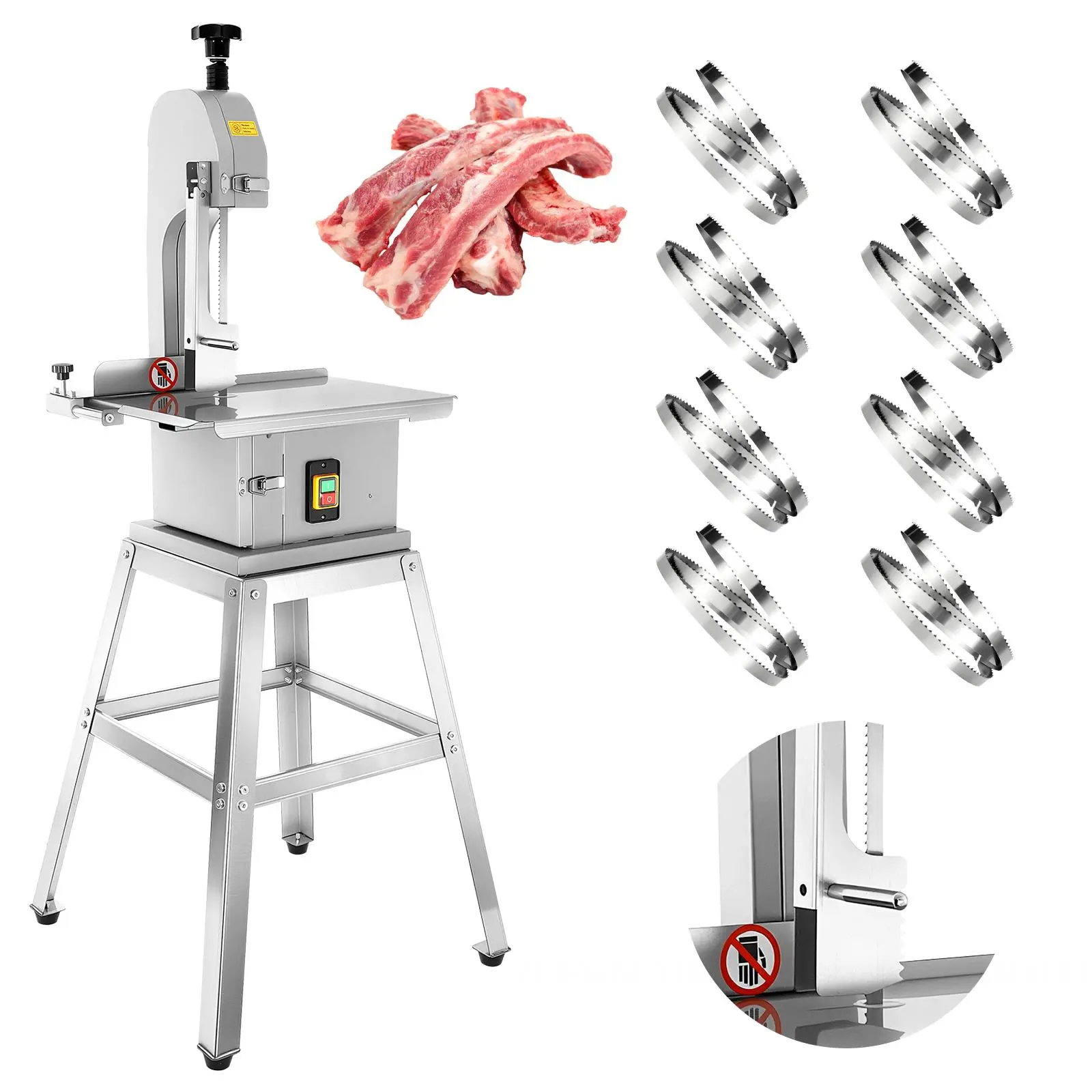 Electric Meat Cutting Bandsaw Machine, 1500W Bone Saw for Butchering, 19"x14" Stainless Steel Tabletop, 8 Saw Blades, 0.04-3.9" Cutting Thickness, 1-Button On/Off, Frozen Meat Cutter for Ribs, Freestanding Utility for Small Restaurants, Kitchen Supplies,,