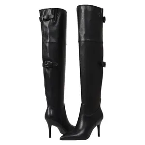Women's Black Knee-high PU Leather Boots with Heel and Strap for Stylish Comfort