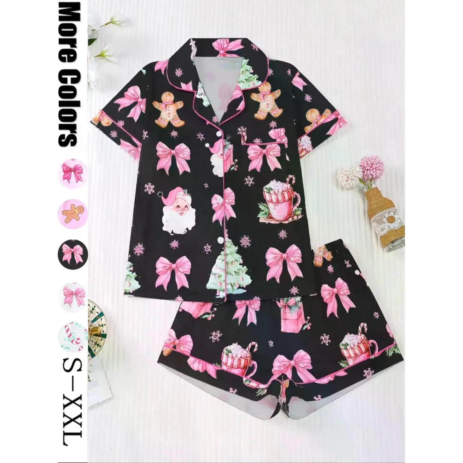 Women's Christmas Pajama Set - Soft Collared Top & Elastic Shorts, Comfy Holiday Party Sleepwear