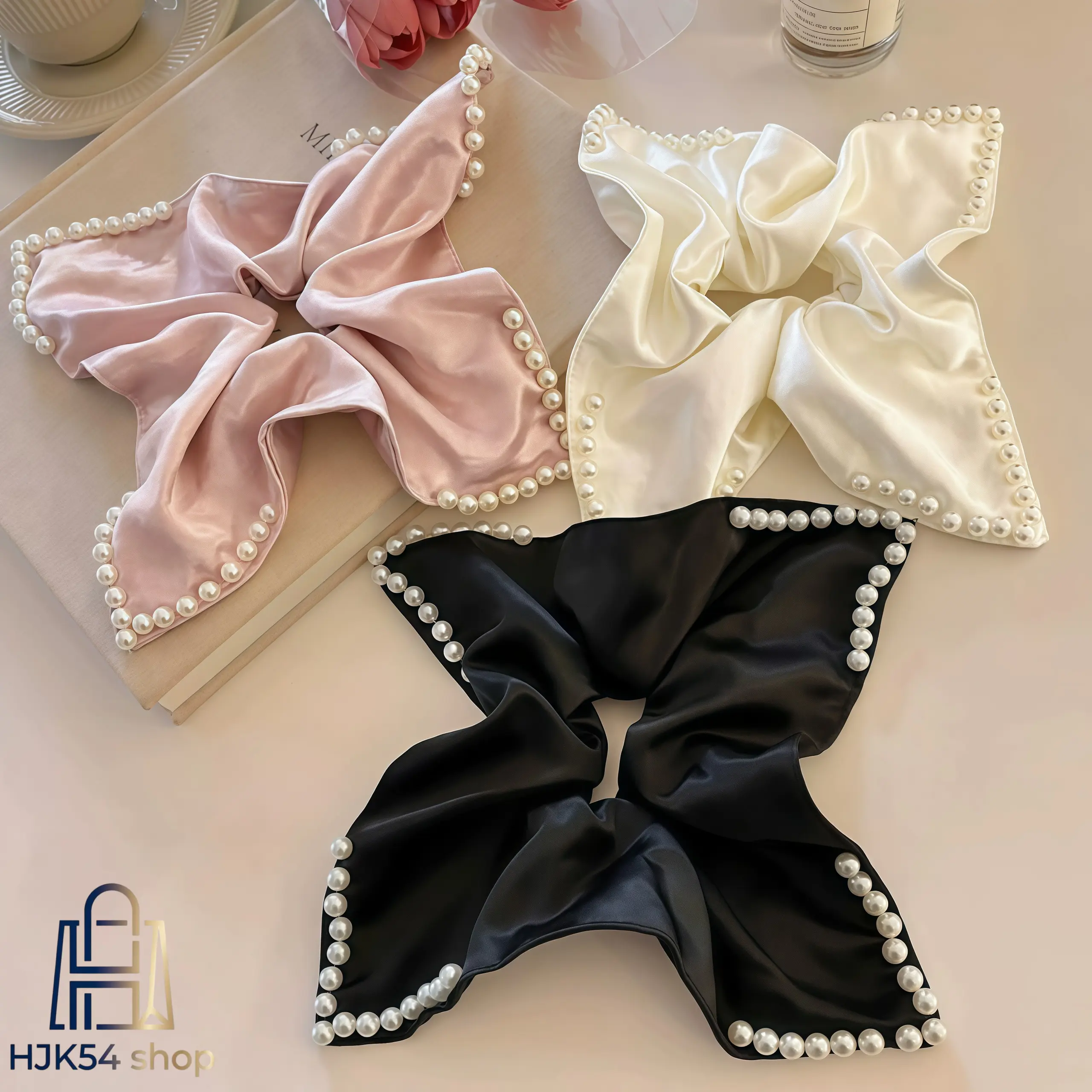 3 Pack Elegant Satin Hair Scarf Scrunchies for Women, Vintage Ponytail Holders with Faux Pearls for Bridal, Party & Everyday Hairstyles, 3Pcs, Daily