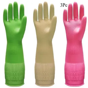 Non-Slip Durable Dishwashing Gloves | 3 Pairs 15" Long-Cuff Rubber, Flexible Kitchen Household XL Size(3Colors)
