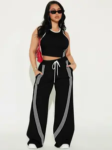 Two piece set of European and American cross-border fashion women's casual Fit sleeveless Knit cropped top and sports pants set Outfit Summer Womenswear