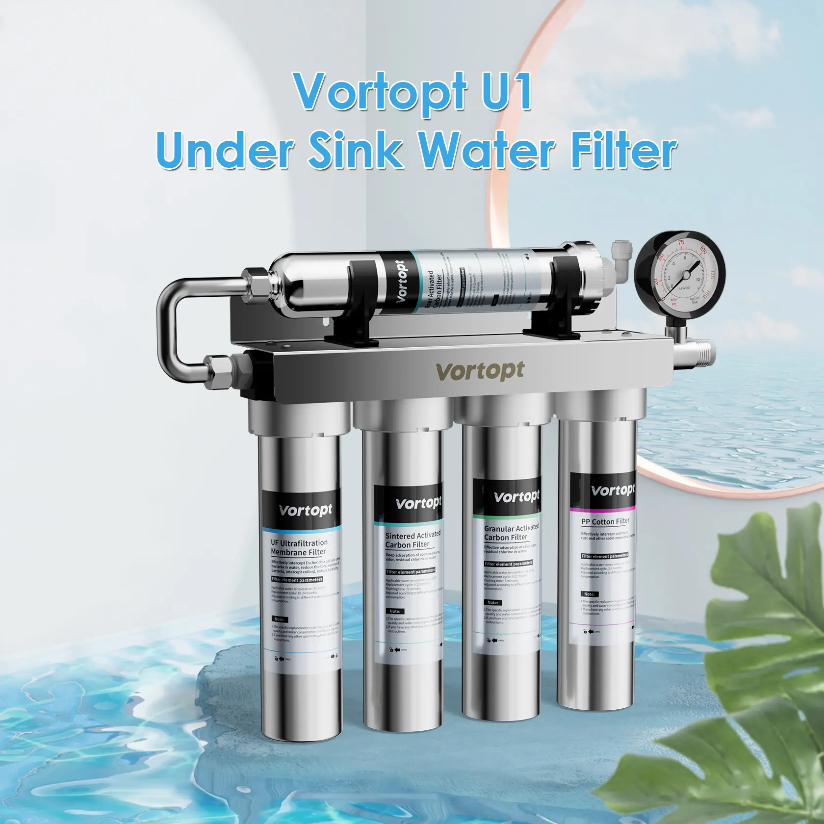 Vortopt Model U1 5-stage water filtration system, stainless steel ultrafiltration water purifier, reduce heavy metals,bad taste and odors, real-time water pressure monitoring filtration