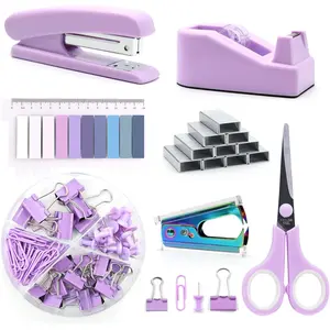 Purple Office Supplies Set,  Stapler and Tape Dispenser Set, Office Desk Accessories Kit with Stapler, Tape, Remover, Staples, Clips, Scissor and Tabs for Women, Clerks...