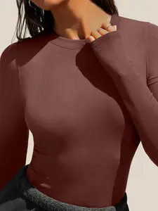 Women's Solid Ribbed Crew Neck Tee, Casual Basic Long Sleeve T-shirt for Daily Wear, Ladies Top Clothes for All Seasons
