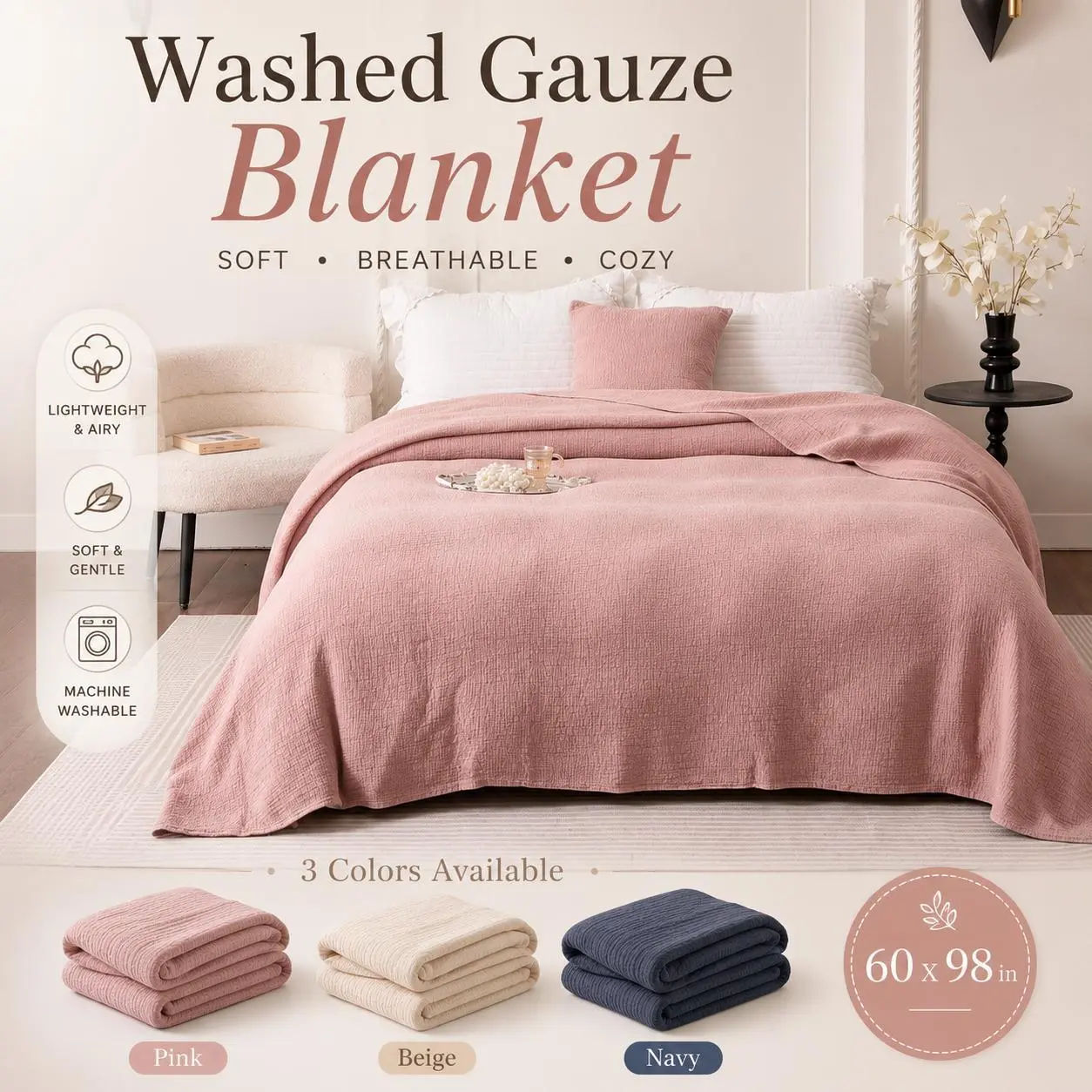 100% Cotton Washed Gauze Blanket, 60x98 in Breathable Light Soft Textured Bedding Throw - for Sofa, Bedroom Use - Available in Pink, Beige, Navy