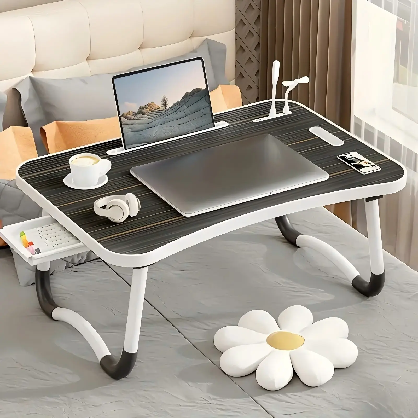 Ultra Large Portable Laptop Bed Table- Multi Functional Tray Holder with Cup Holder And Drawer,USB, Fan, And Light - Perfect for Eating, Reading,And Writing on Beds, Sofas,Floors - Stable,Durable,And Foldable
