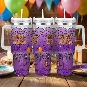 Purple Monster Birthday Party Cup (40oz/30oz/20oz) Cartoon Celebration Print Colorful Confetti Pattern Insulated Stainless Steel Tumbler for Birthday Party Office Home Travel Gift