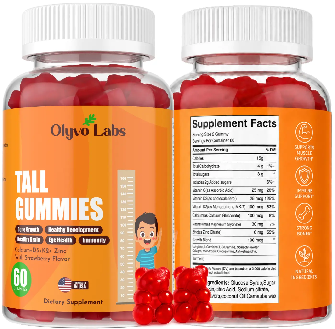 Grow Tall Gummies for Kids Age 2+ & Teens- Multivitamin Tall Gummies with L-Arginine, Vitamin D3 + K2 Calcium, Zinc, Magnesium, Vitamin C for Teen Boys & Girls- Strawberry Flavour 60 Gummies