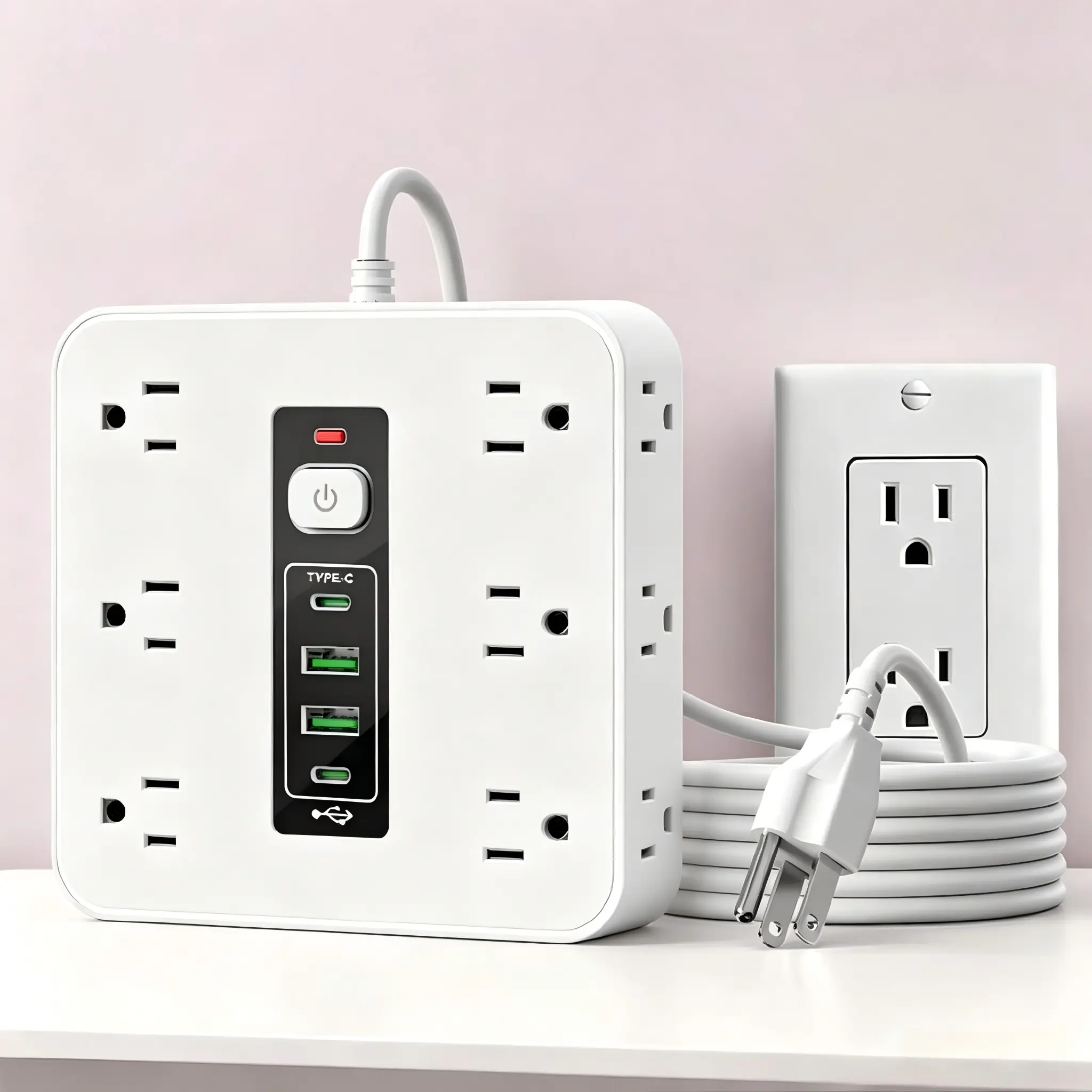 16-in-1 Multifunctional Surge Protection Wall Outlet Extender with On-Off Switch - 12 AC Outlets, 2 Type C Ports, 2 USB Ports, Compact Wall-Mountable Square Universal Floor Socket, for Home, Office, Travel Use