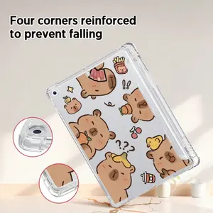 Cute Cartoon Capybara Pattern Tablet Case with Built-in Pencil Holder, Soft TPU, for iPad Air 4/5/6, iPad Pro 11 2024, iPad Mini 4/5/6/7, iPad 10th Gen, iPad 9/8/7 Series. Shockproof, Portable, One-Side Protection, Easy to Carry Outdoor.