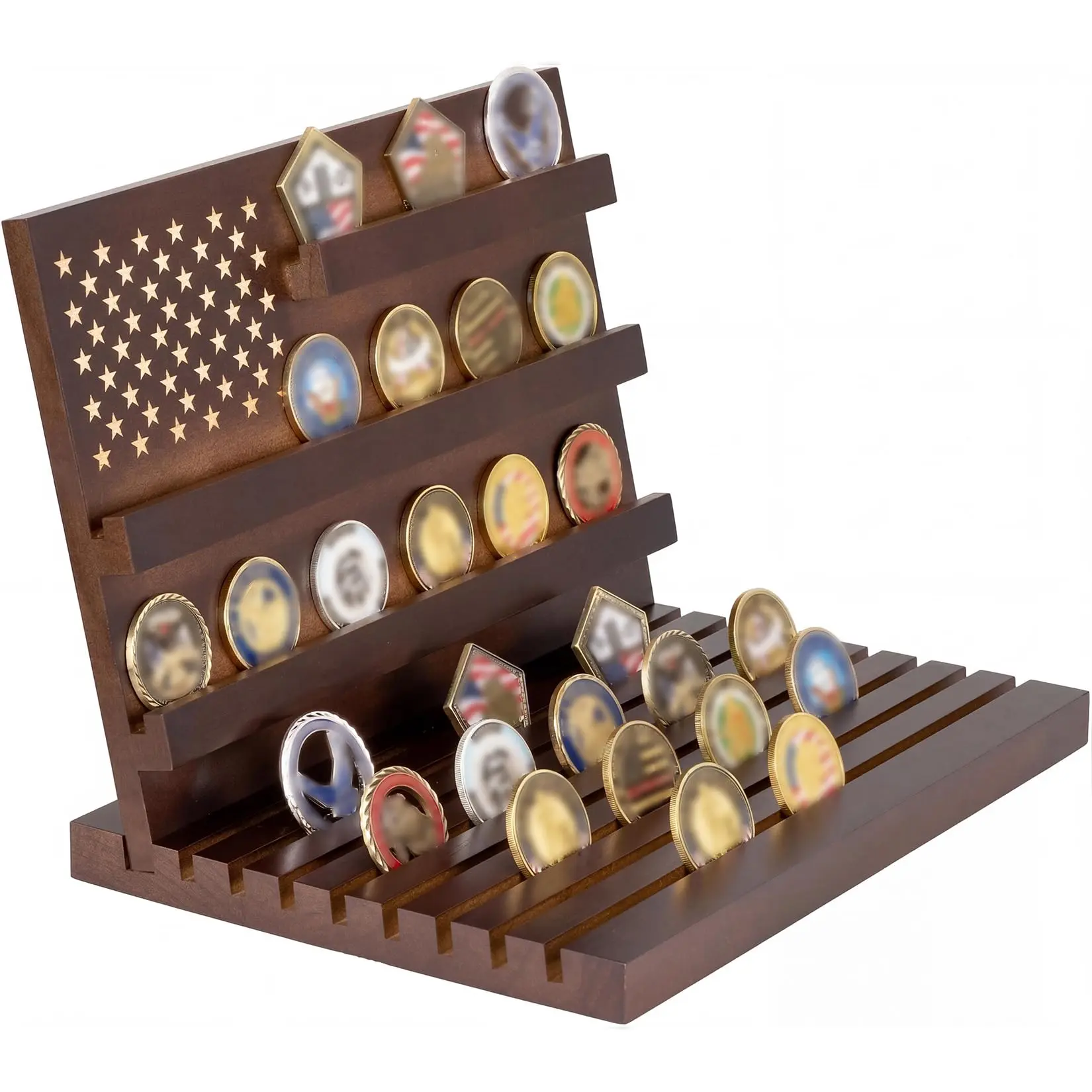 GAOMON Wooden Military Coin Display Stand, Walnut Finish Challenge Coin Holder with US Flag Design, Tiered Rack for Collectible Coins