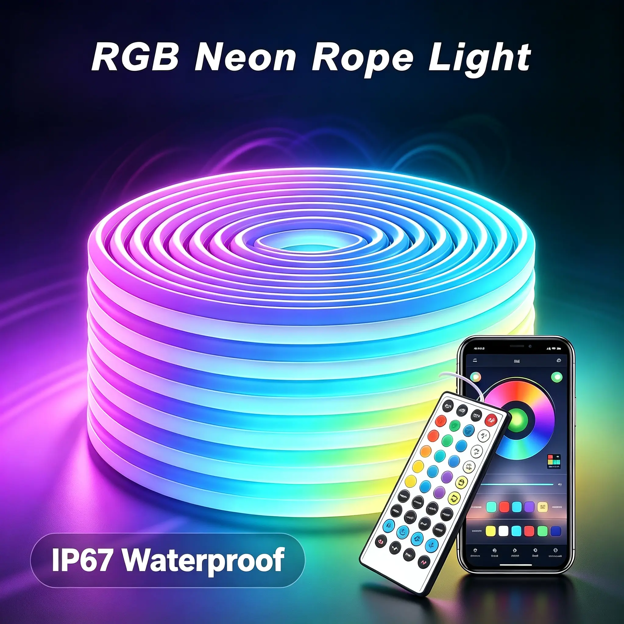 100Ft RGB Neon Rope Lights, Flexible Bluetooth LED Lights with App/Remote Control, Multiple Modes Music Sync, for Bedroom Gaming, Living Room, Backyard Home Improvement Lighting Accessories, Room Decor, 32.8Ft, 100Ft Full Coverage