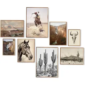 8-Piece Unframed Artistic Vintage Western Wooden Wall Art Prints - Fade-Resistant, Southwestern Boho Ranch Desert Cowboy Design, Farmhouse Home Decor for Living Room, Bedroom, House Decor