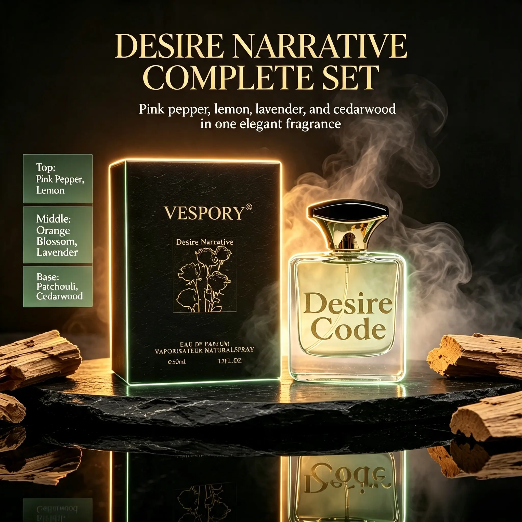 VESPORY Desire Narrative Eau De Parfum 50ml | Aromatic Woody Fragrance, Top?Pink Pepper & Lemon, Middle?Orange Blossom & Lavender, Base?Patchouli & Cedarwood, Long?Lasting Unisex Luxury Perfume for Daily & Date Wear