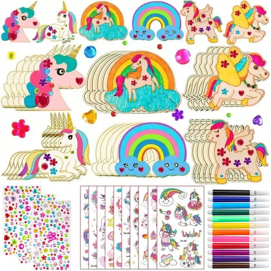 Unicorn Wooden Craft Kit Set, DIY Unicorn Art Supplies, Art Kits, Creative Craft Kit, Includes Wood Pieces, Rhinestones, Pens, Stickers, Perfect for Birthday Crafts, Crafting Kit