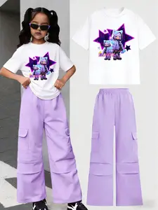 Girls Summer Cartoon Print Short Sleeve Workwear Pants Set, Breathable Comfort Fabric, Round Neck T-Shirt, Two-Piece Set, Essential Item, Clothes