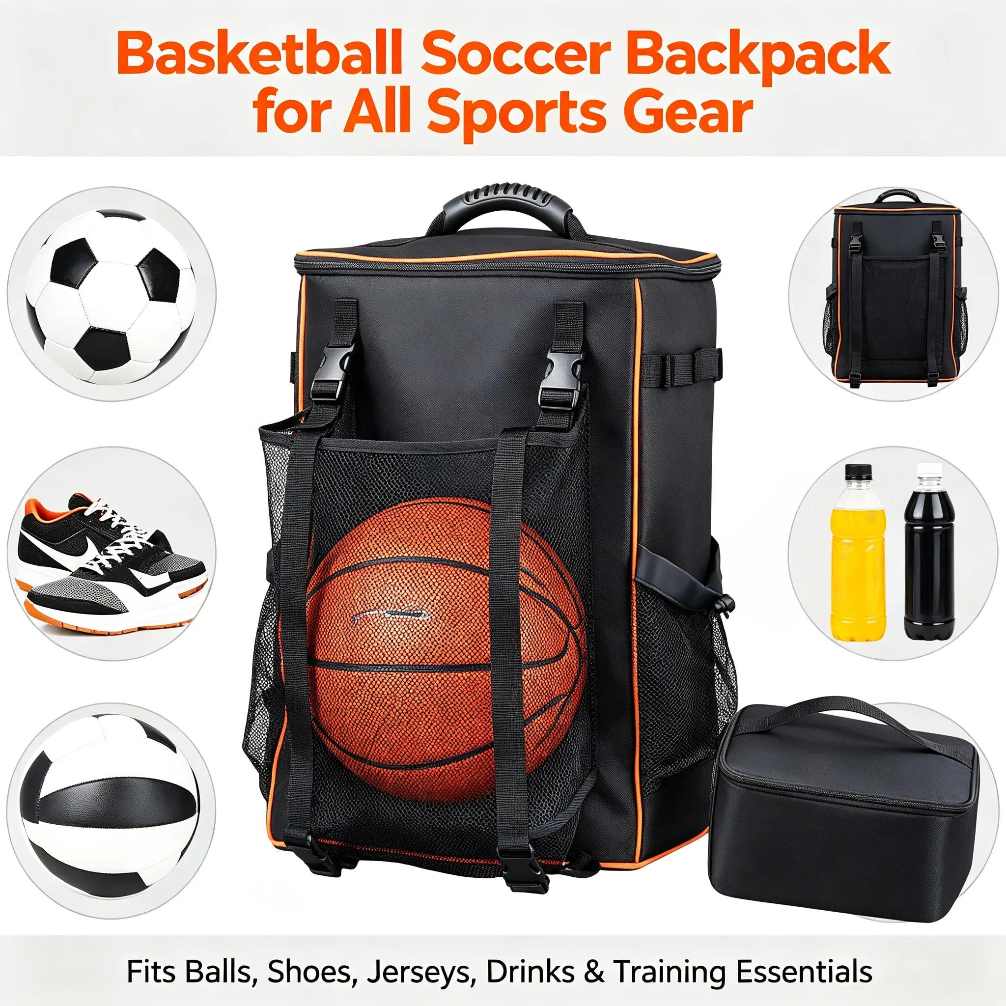 600D Poly Large Capacity Multi-Sport Backpack (33L) with Ball Holder, Detachable Cooler Pouch & Mesh Pocket, Water Resistant Gym Bag for Work, Breathable Padded for Motorcycle Helmet Camping, Large Capacity Backpack