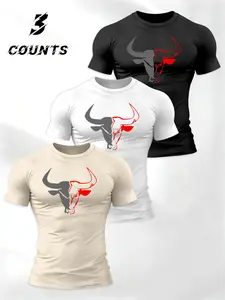 3 Piece Set Block Bull Head T-Shirt for Men, Short Sleeve Loose-Fitting Sports Top, Athletic Sports Clothing, Athletic Fashion Activewear, Showcases Muscle Definition for Daily Wear, Sports Tee