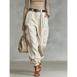 2026 Spring Women’s Beige Work Pants, High Waist, Multiple Pockets, Jogger Style, Streetwear, Casual Workwear, Long Pants, Loose Casual Pants, Women’s GARMENTARY